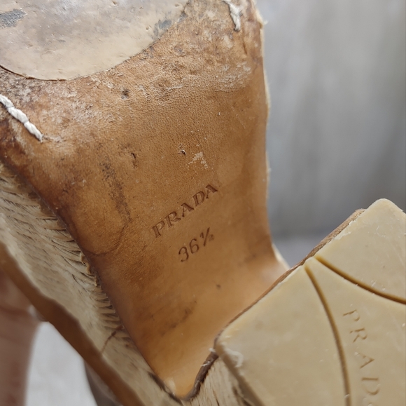 Prada Knotted Leather Vitello Wicker Wedge Platform Sandal Brown Tan 36.5 6 6.5 - Picture 9 of 12